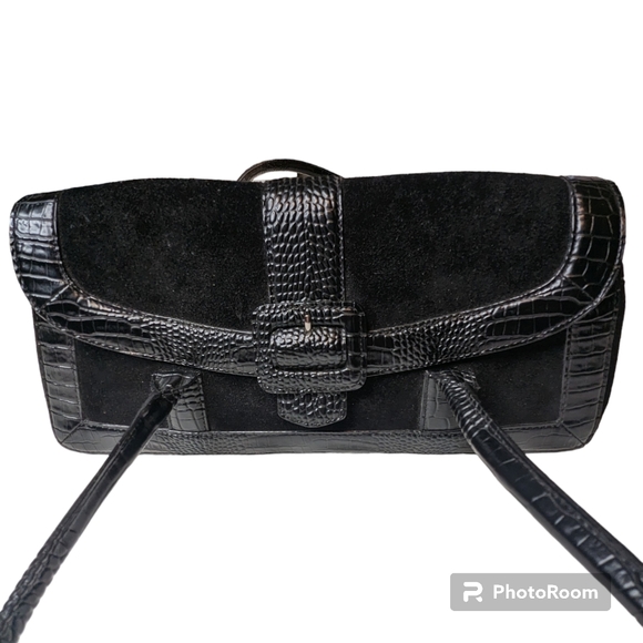 Ann Taylor Handbag Black Leather Suede  Double Handles Multiple Pockets A83 - Picture 5 of 14